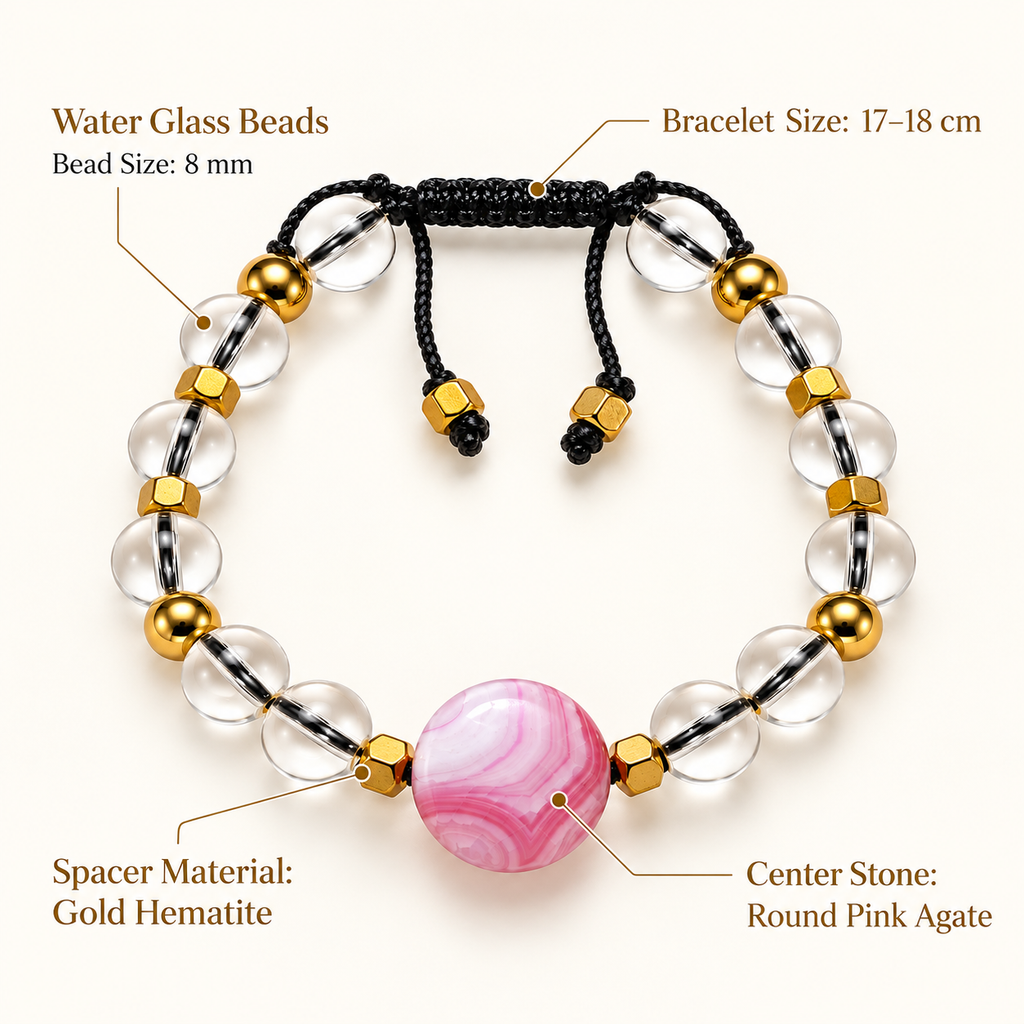 Clear Water Glass 8mm Bead Bracelet with Round Pink Agate & Gold Hematite Spacers – 17–18cm - 7AGAT