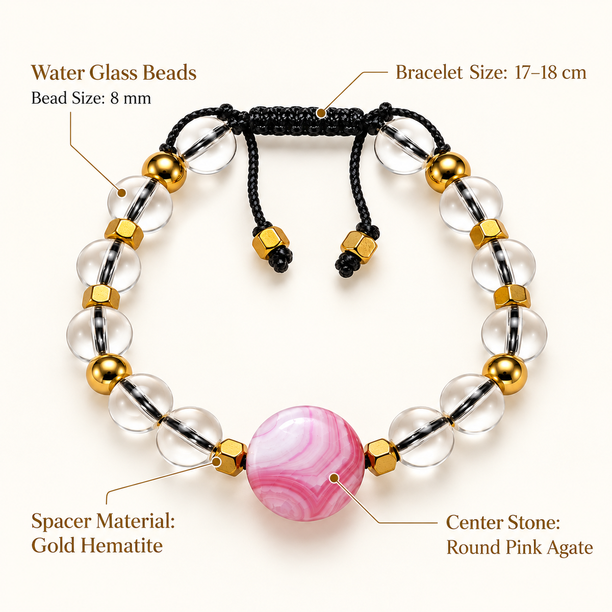 Clear Water Glass 8mm Bead Bracelet with Round Pink Agate & Gold Hematite Spacers – 17–18cm - 7AGAT