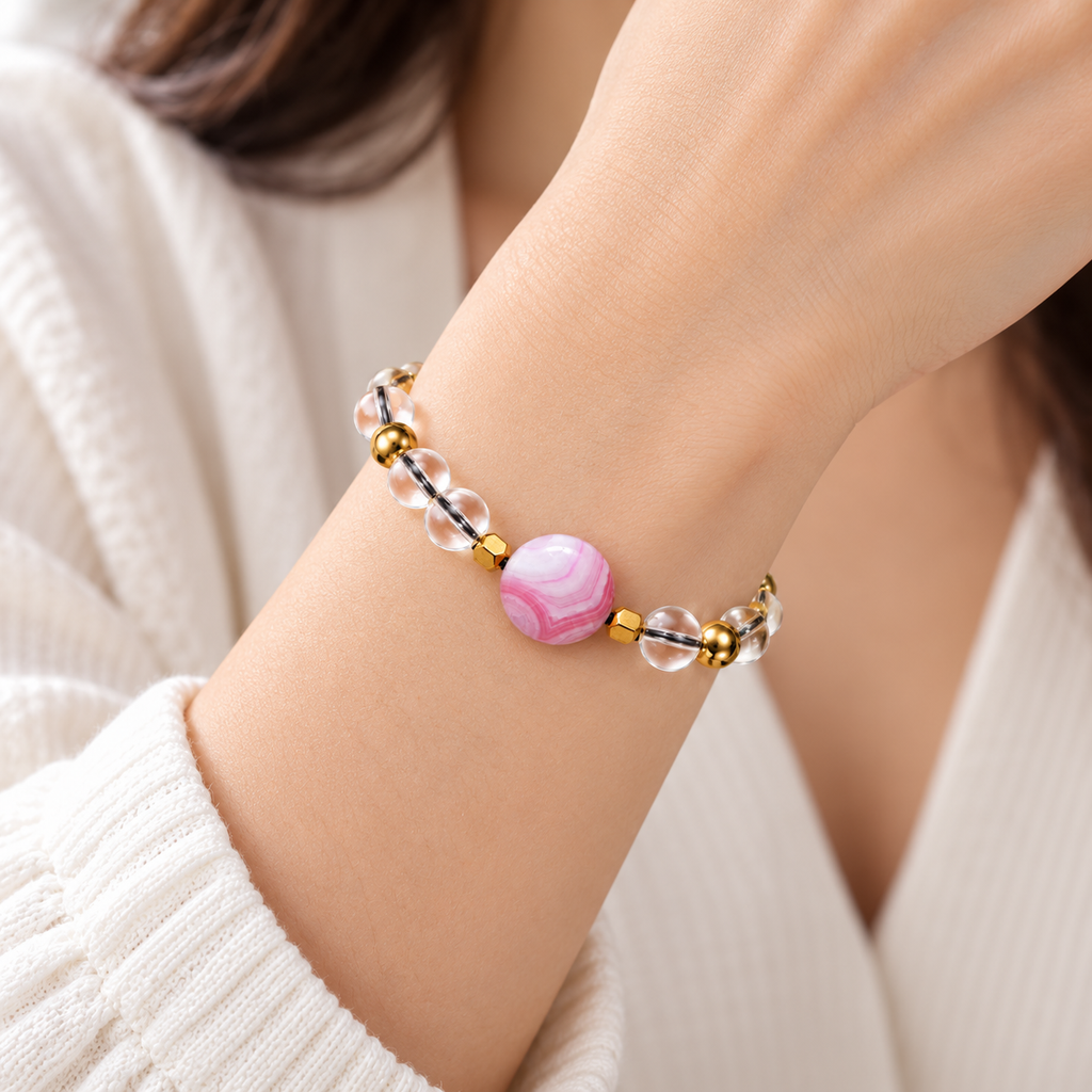 Clear Water Glass 8mm Bead Bracelet with Round Pink Agate & Gold Hematite Spacers – 17–18cm - 7AGAT