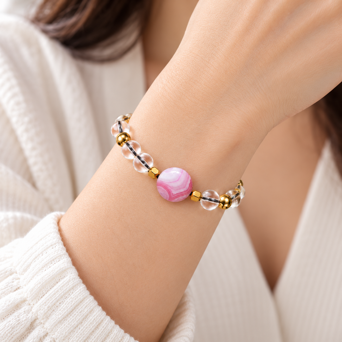 Clear Water Glass 8mm Bead Bracelet with Round Pink Agate & Gold Hematite Spacers – 17–18cm - 7AGAT