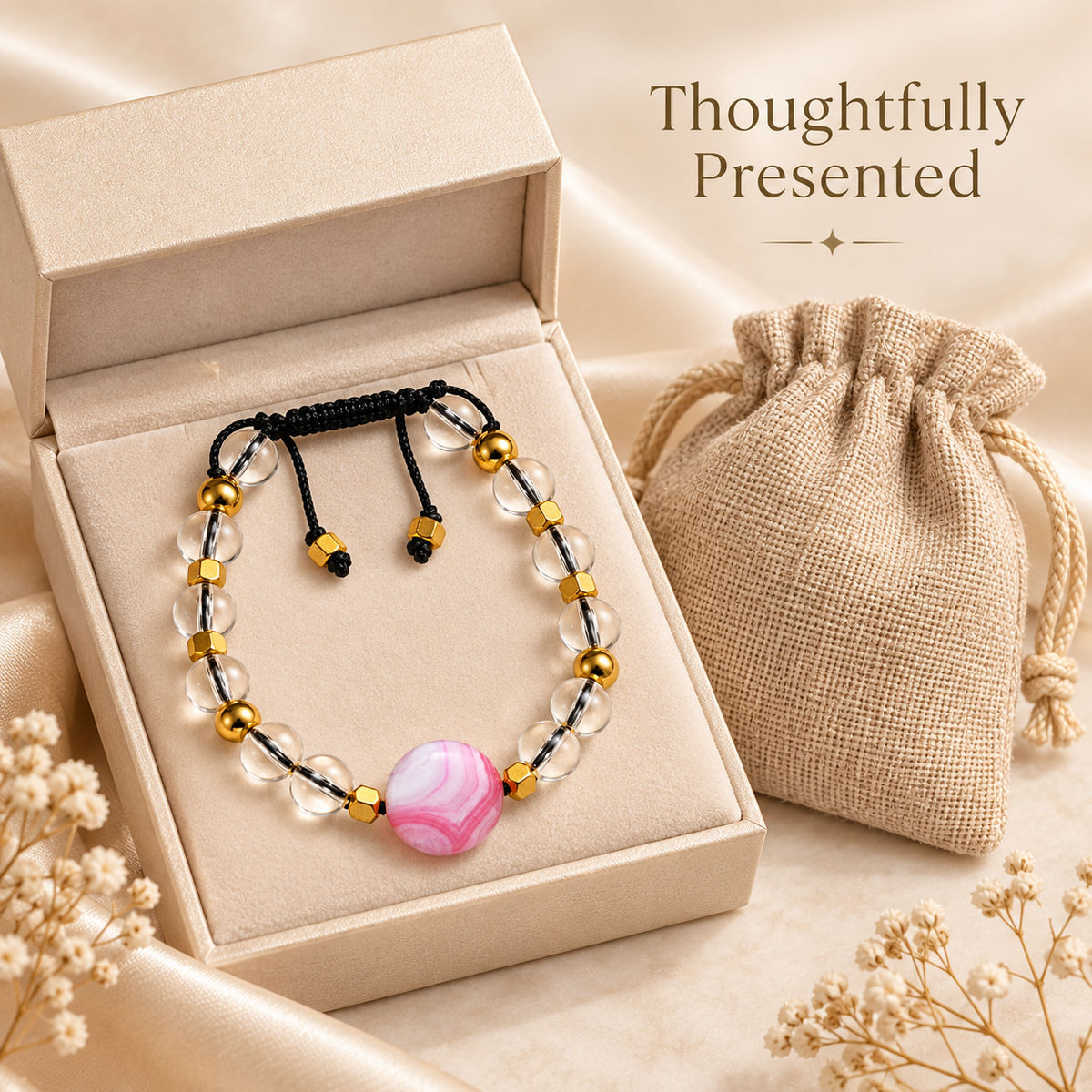 Clear Water Glass 8mm Bead Bracelet with Round Pink Agate & Gold Hematite Spacers – 17–18cm - 7AGAT
