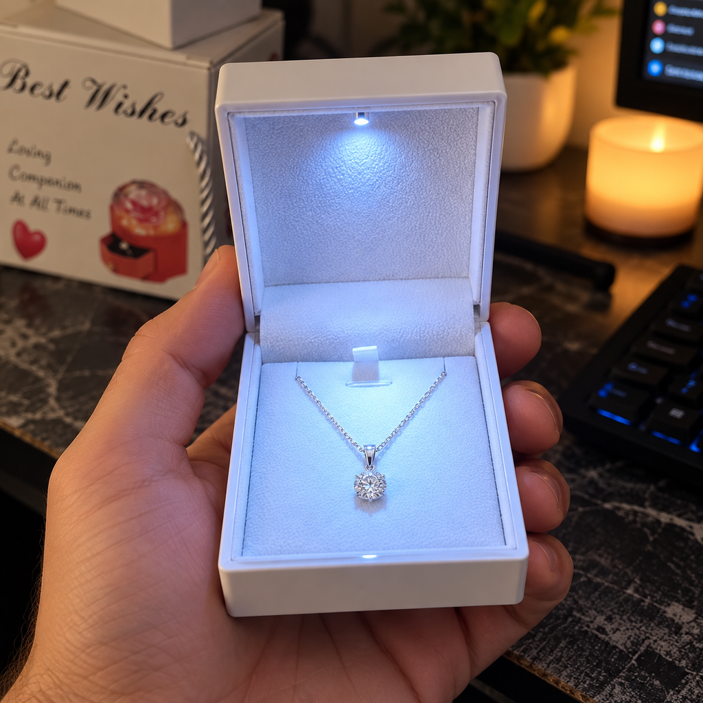 White LED lighted jewelry gift box for necklaces, pendants, and chains, 7AGAT, 9x6.5x2.5 cm, open with jewelry inside
