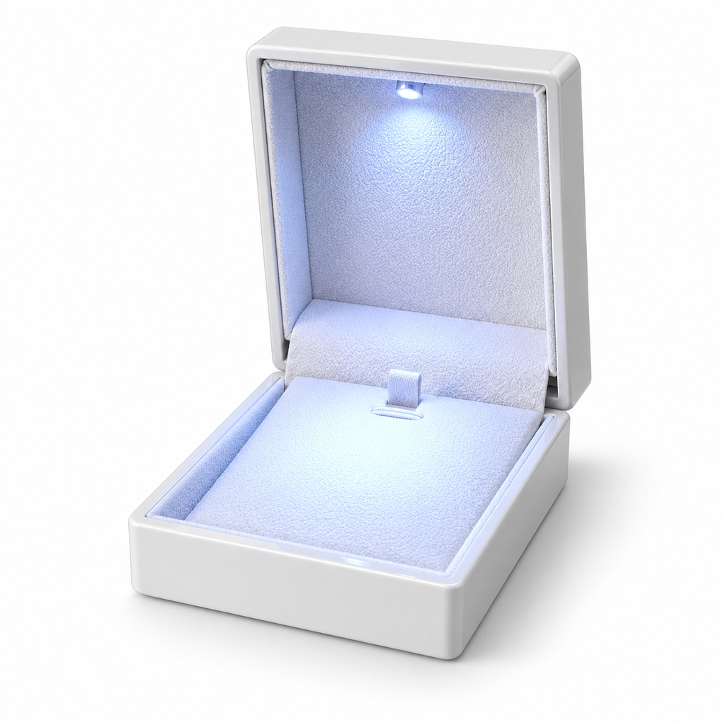 White LED lighted jewelry gift box for necklaces, pendants, and chains, 7AGAT, 9x6.5x2.5 cm, open with jewelry inside