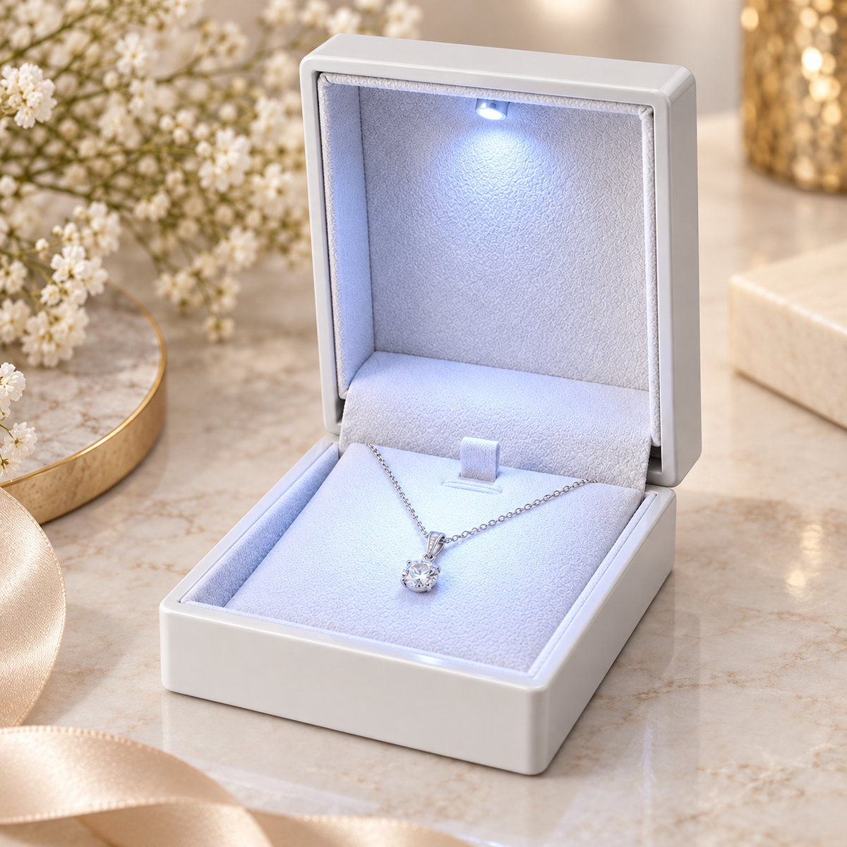 White LED lighted jewelry gift box for necklaces and pendants, 7AGAT, compact 9x6.5x2.5 cm jewelry storage container