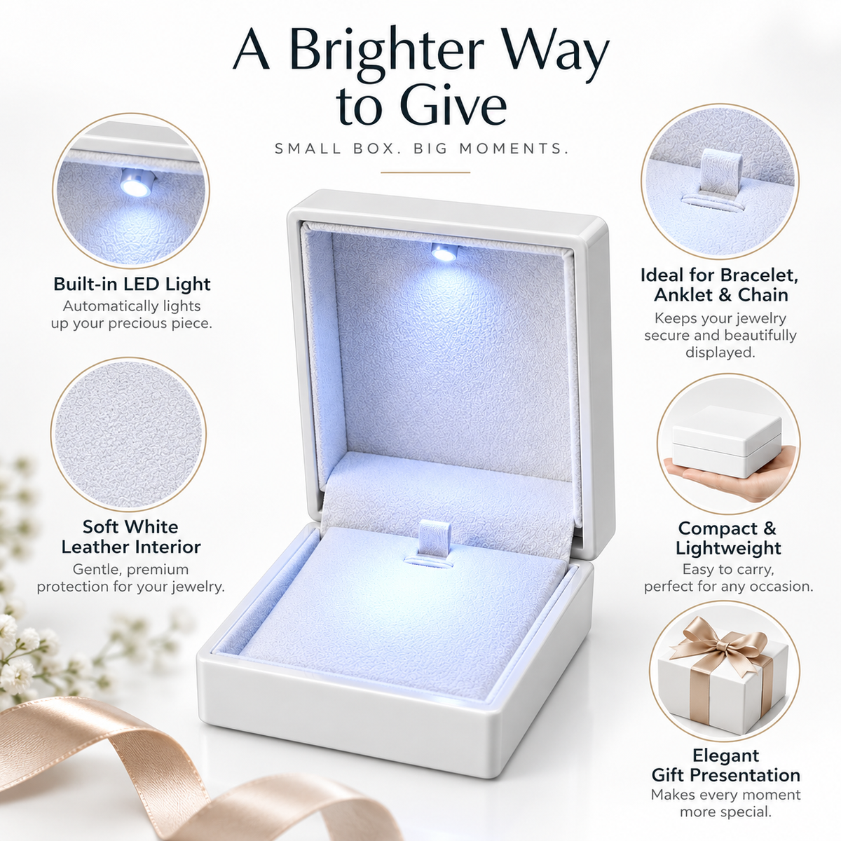 White LED lighted jewelry gift box for necklaces and pendants, 7AGAT, compact 9x6.5x2.5 cm storage container