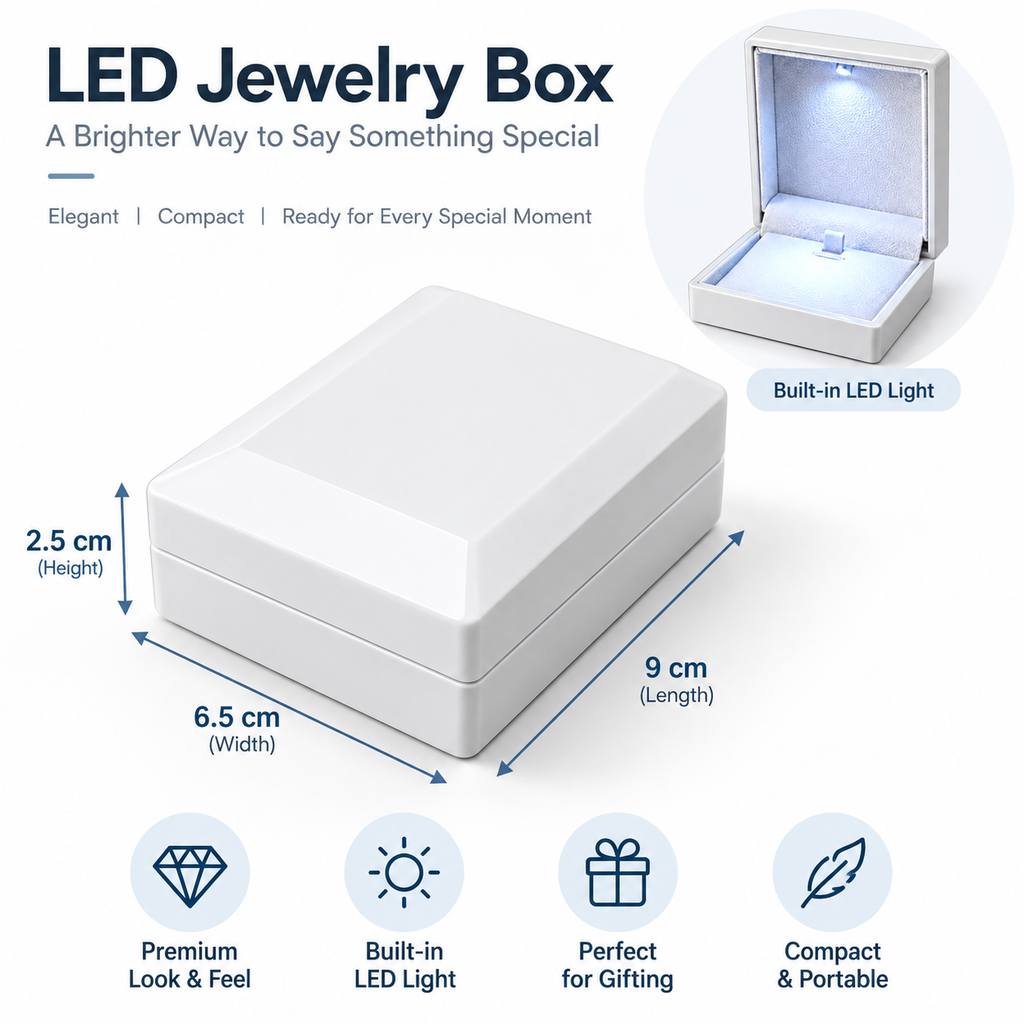 White LED lighted jewelry gift box for necklaces, pendants, and chains by 7AGAT, measuring 9 x 6.5 x 2.5 cm.