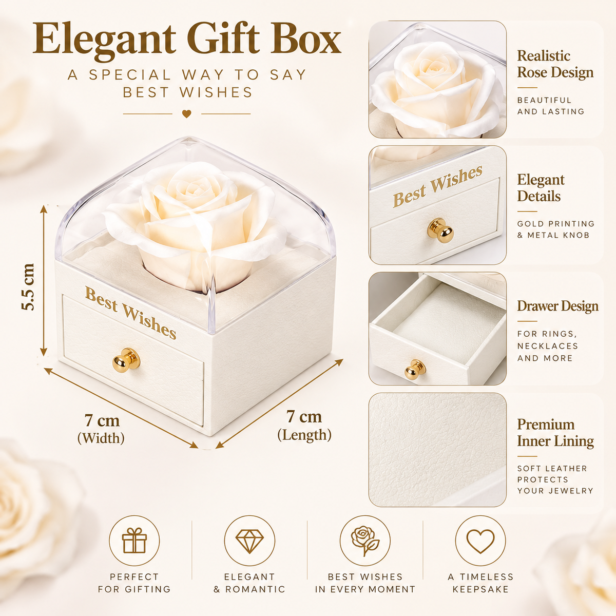 White decorative jewelry gift box with pull-out drawer and transparent display dome by 7AGAT, measures 7x7x5.5 cm.