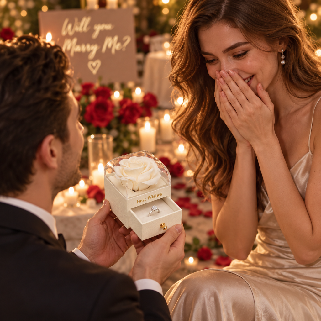 White decorative rose jewelry gift box with pull-out drawer and transparent display dome, 7x7x5.5 cm, by 7AGAT