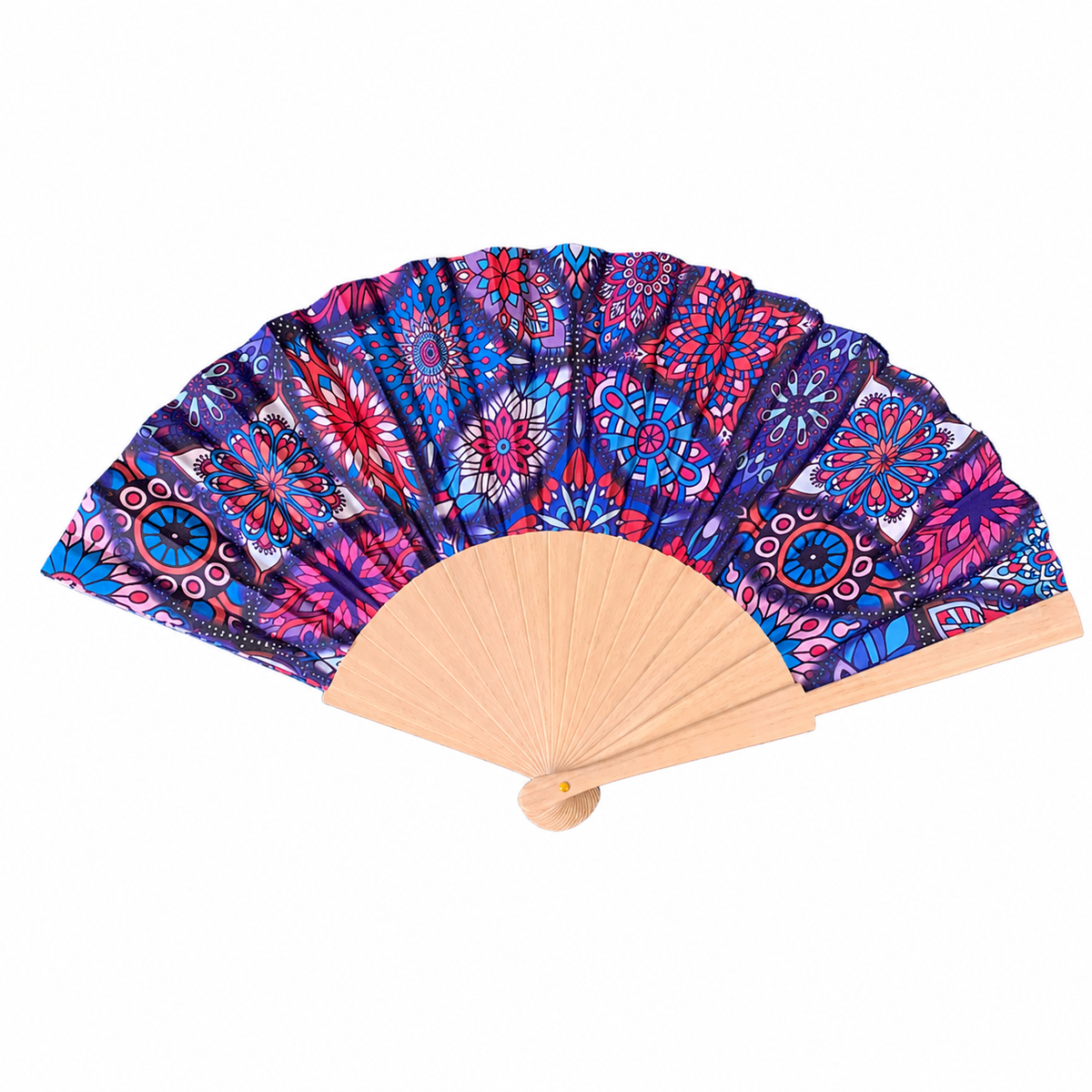 7AGAT vintage folding hand fan with wooden handle and colorful fabric pattern, ideal for summer cooling and decorative use.
