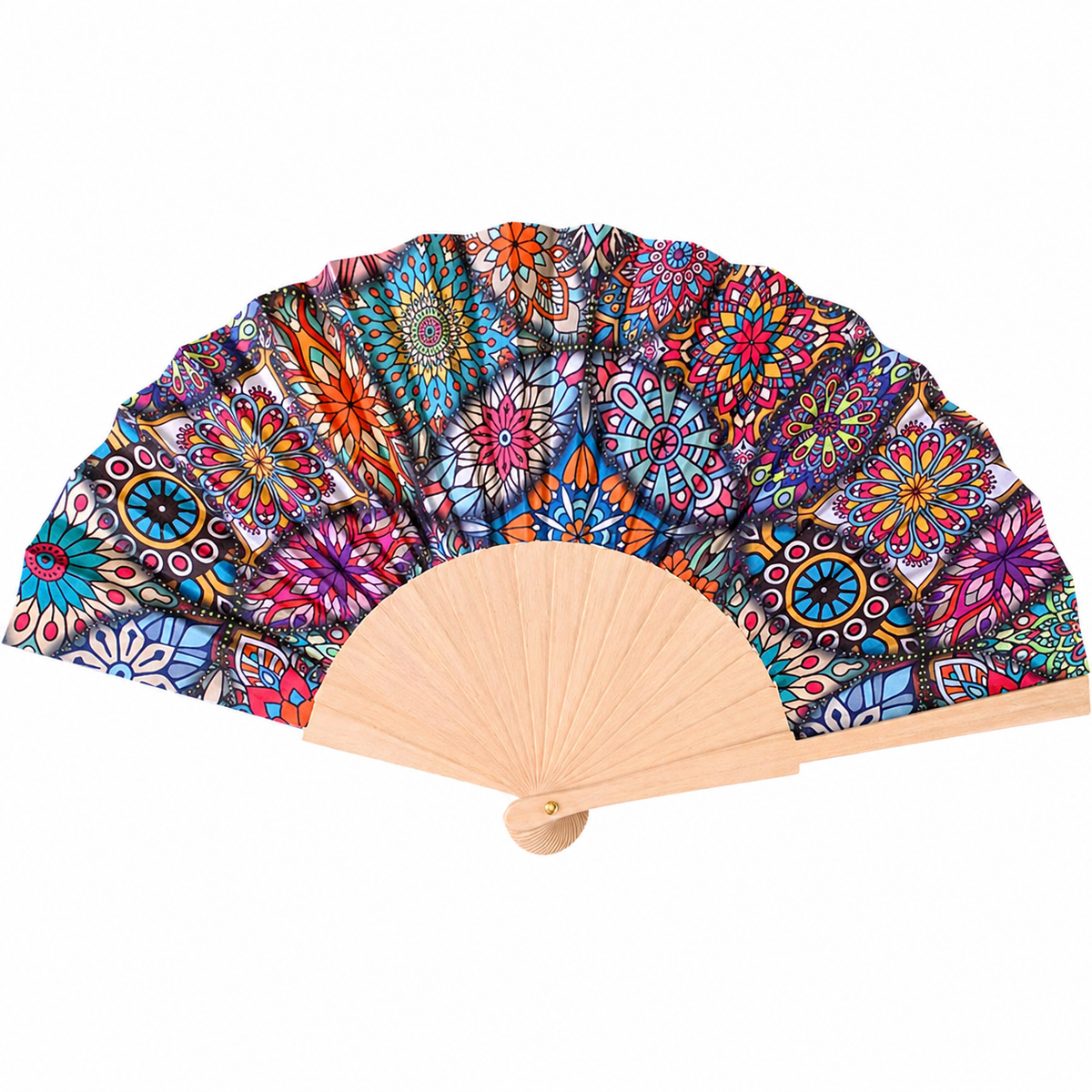 7AGAT folding wooden handle hand fan with vintage fabric pattern, colorful decorative design for summer cooling and portability.