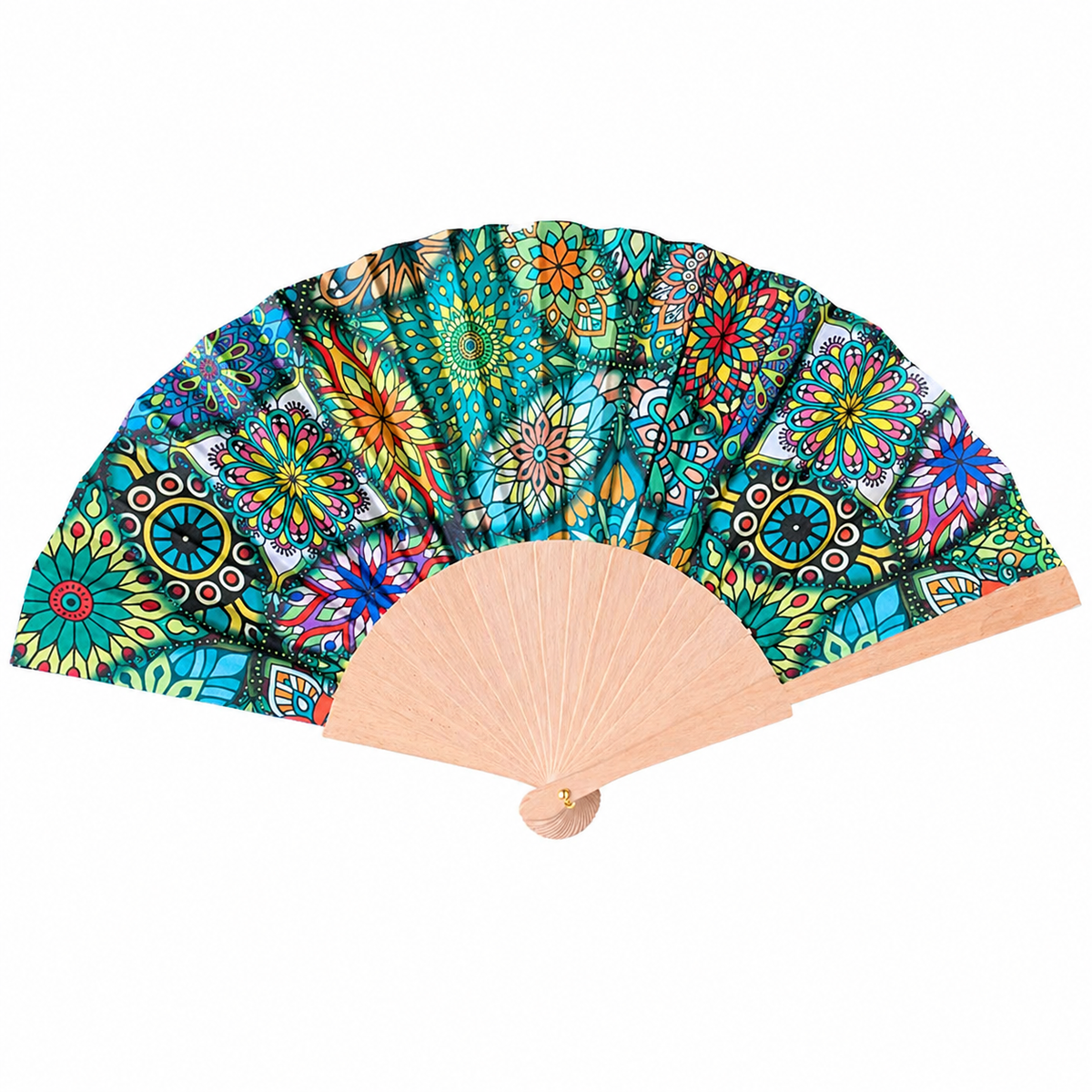 7AGAT vintage wooden handle hand fan with colorful fabric design, portable summer cooling fan with decorative multi-color pattern.