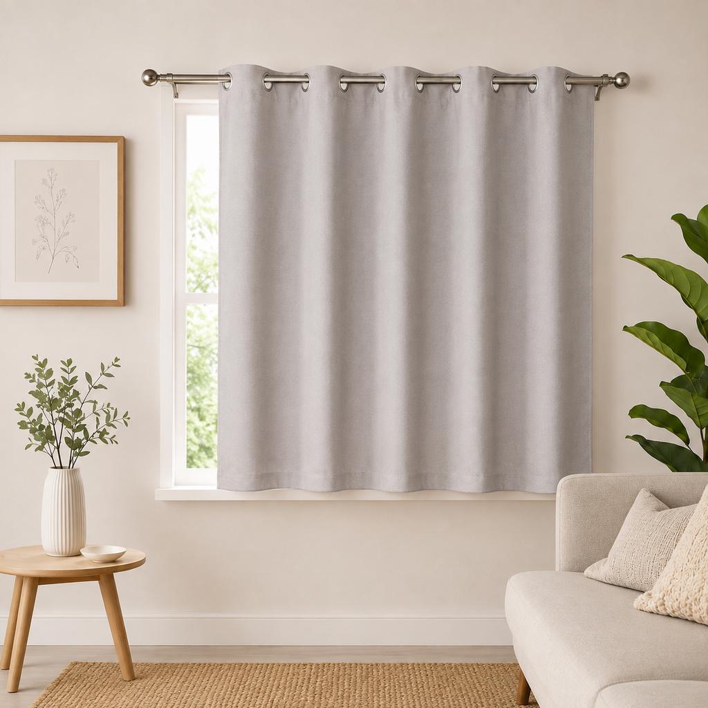 Light gray window curtain with metal grommet top, ideal for bedroom and living room, by 7AGAT, showcasing fabric and grommet details.