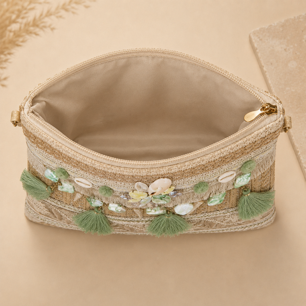 Women’s handmade woven straw clutch bag by 7AGAT with gold chain straps, suitable for shoulder or hand carry.