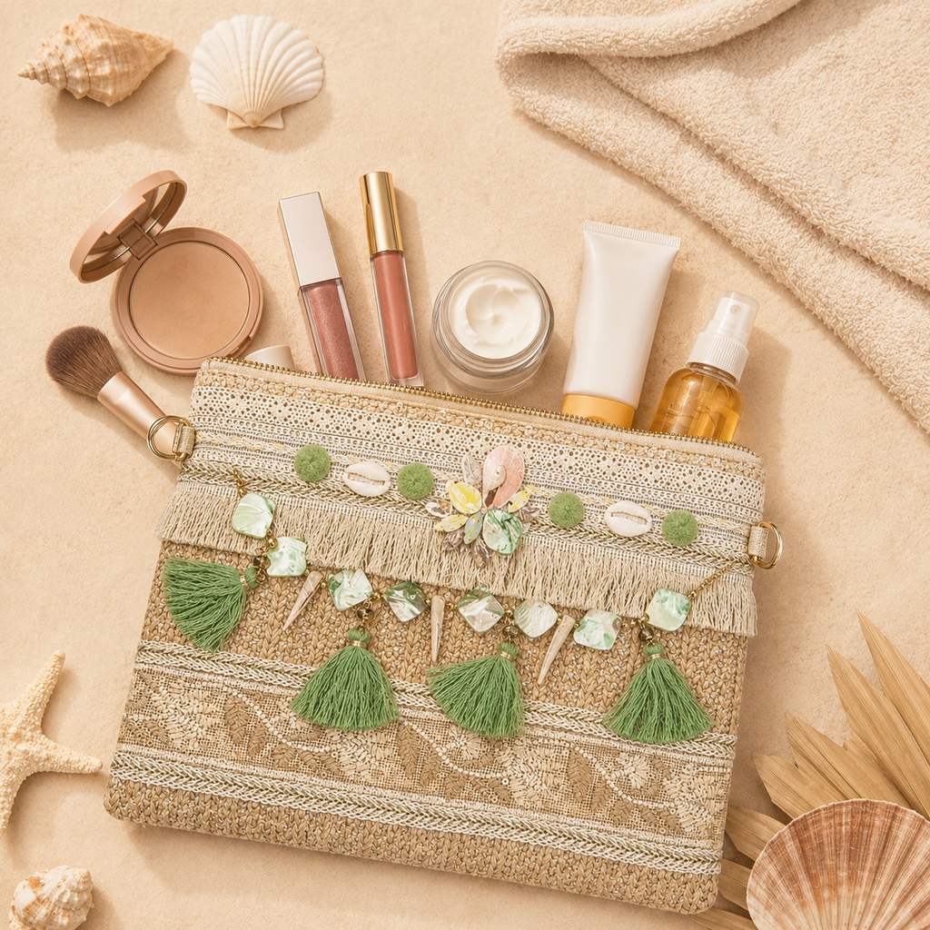 Women's handmade woven straw clutch bag by 7AGAT with gold chain straps, suitable for shoulder or hand carry.