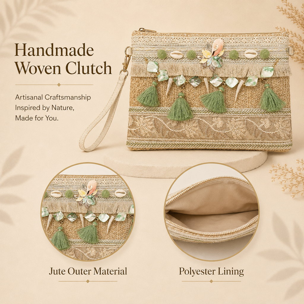 Women’s handmade woven straw clutch bag with gold chain straps, featuring shoulder and hand carry options by 7AGAT.
