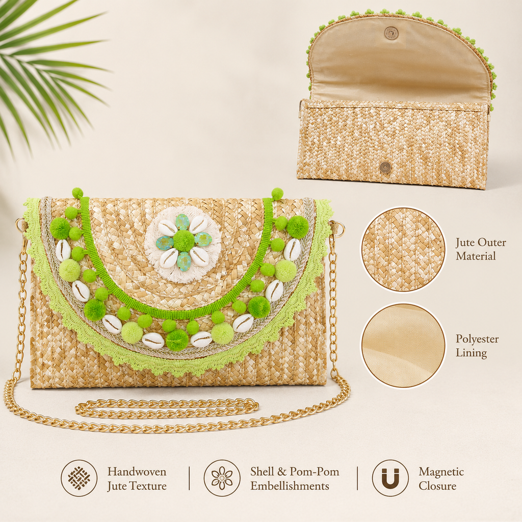 Women’s handmade woven straw clutch bag with gold chain straps, versatile shoulder and hand carry handbag by 7AGAT.