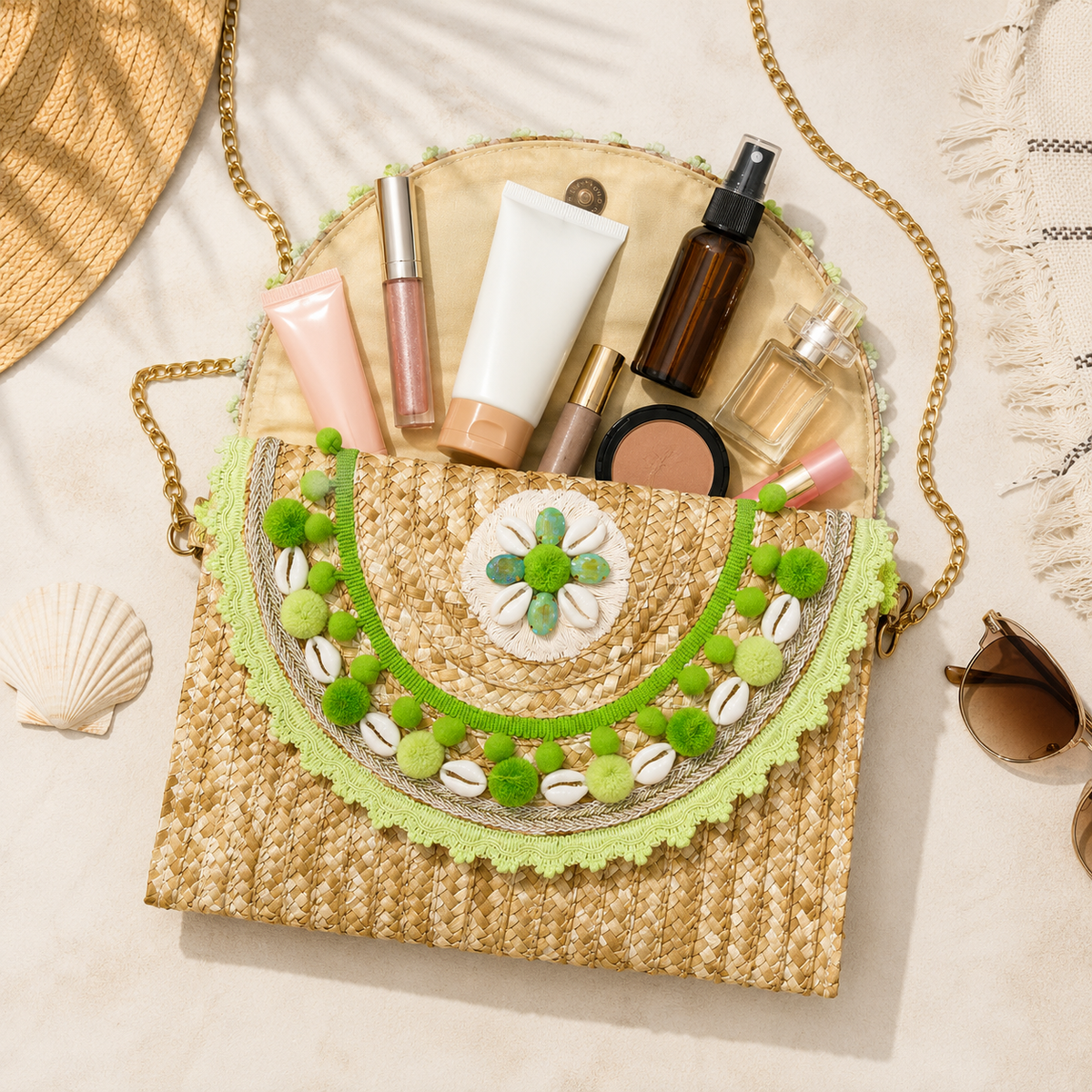 Women’s handmade woven straw clutch bag with gold chain straps, featuring shoulder and hand carry options, by 7AGAT.