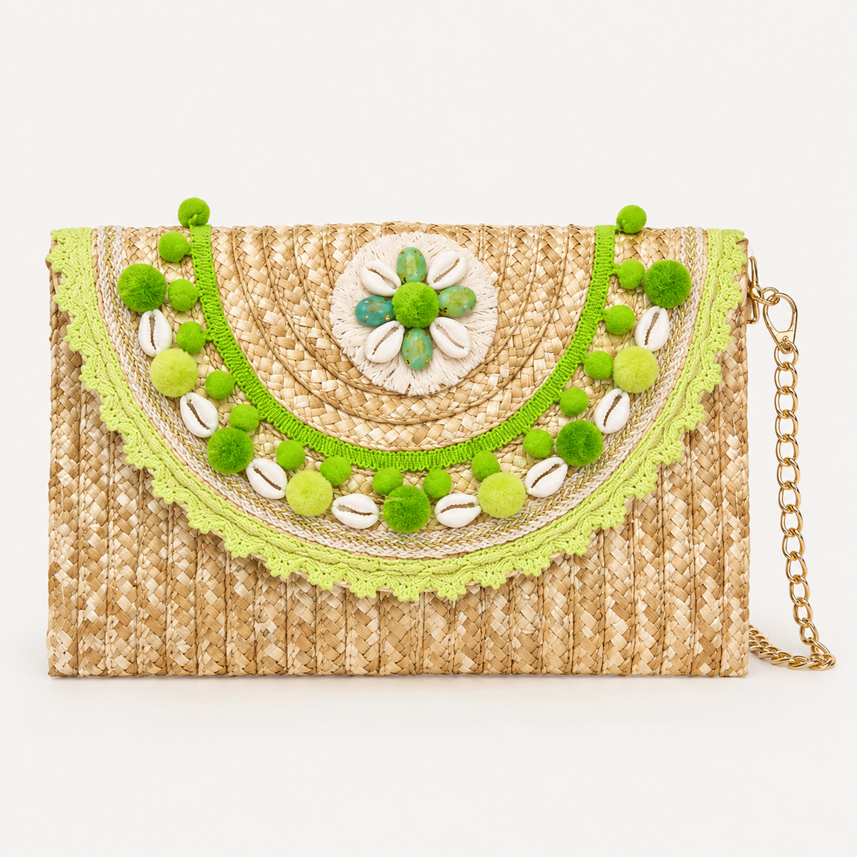 Women’s handmade woven straw clutch bag with gold chain straps by 7AGAT, featuring shoulder and hand carry options.