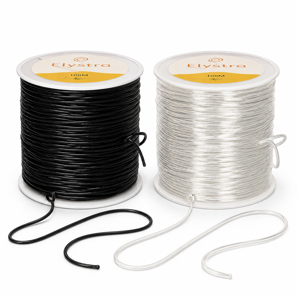 7AGAT elastic cord spool, 100m for beading, jewelry making, and DIY crafts, shown coiled with beads and jewelry tools.