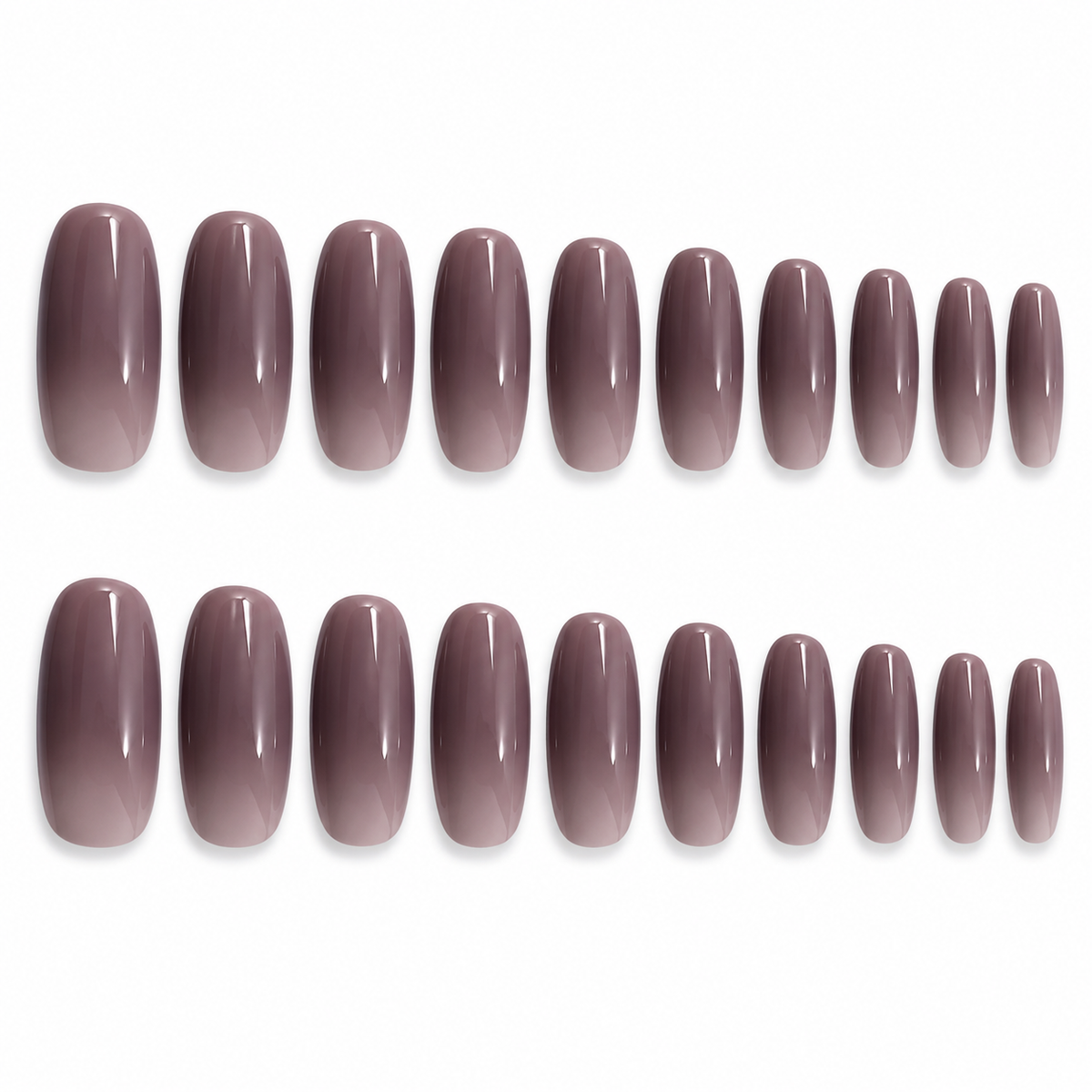 Set of 24 glossy press-on fake nails with natural look and assorted colors, displayed with nail files and buffers for salon-style manicure.