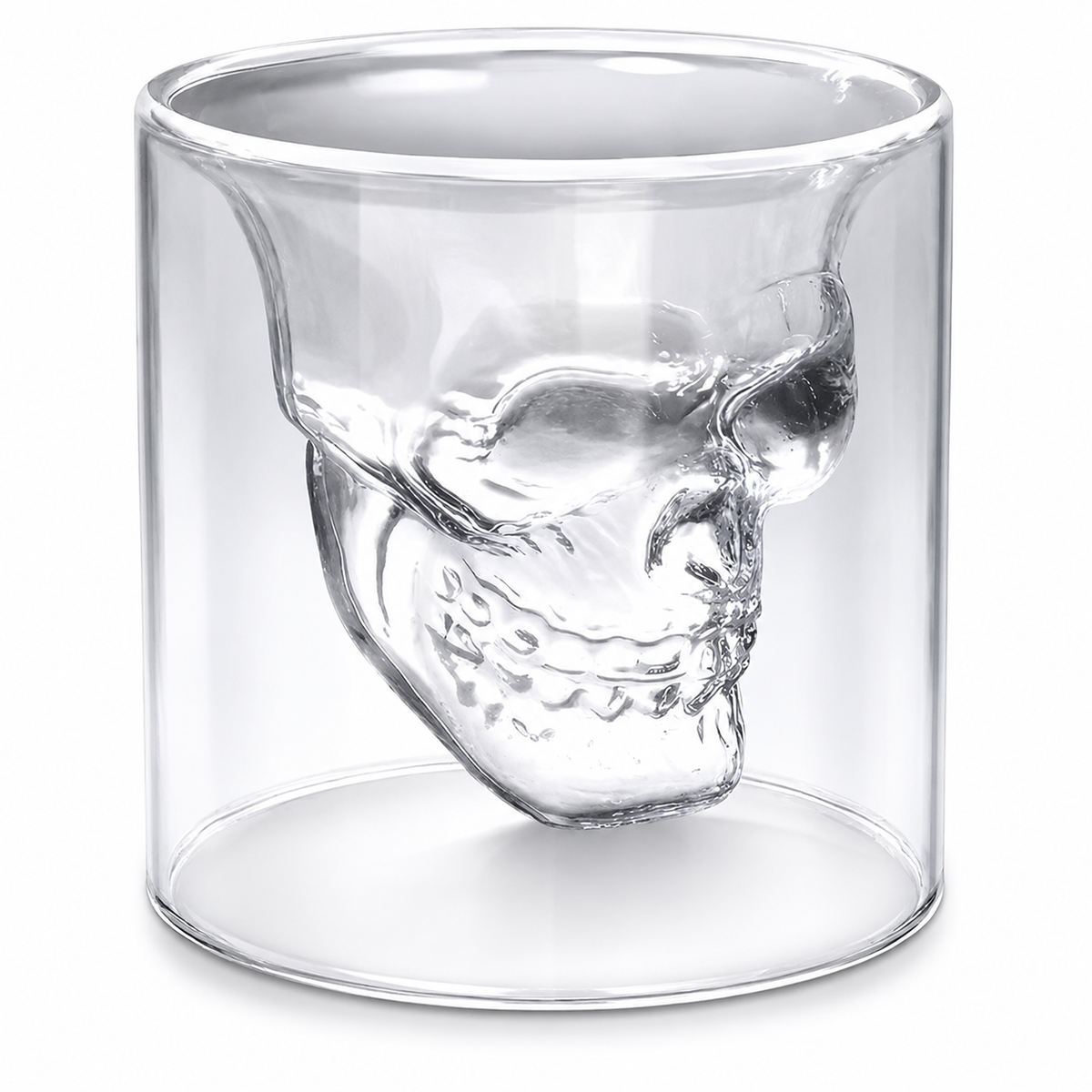 Double wall skull-shaped glass cup by 7AGAT, heat-resistant borosilicate for hot or cold espresso, coffee, or tea drinks.