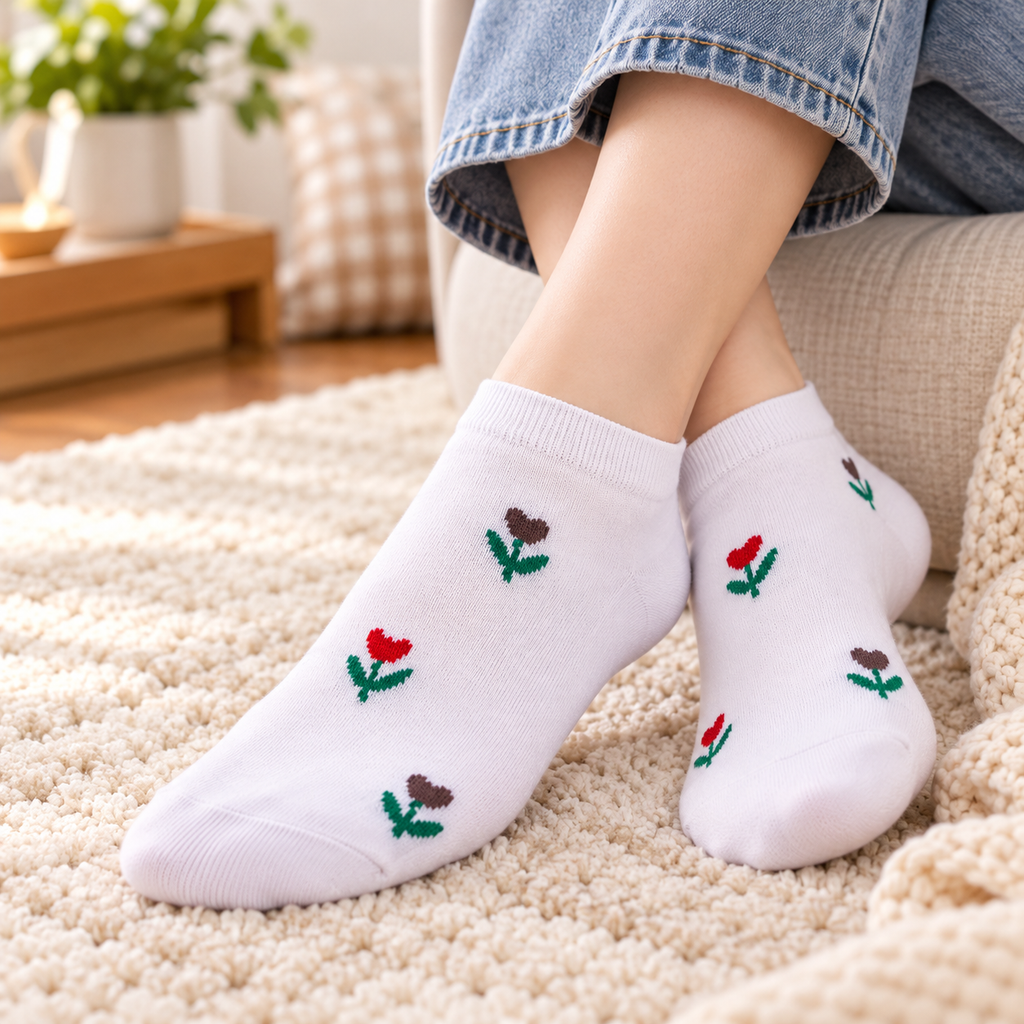 Set of 7AGAT cotton ankle socks with assorted patterned designs, soft knitted everyday socks in a 3-pair pack.