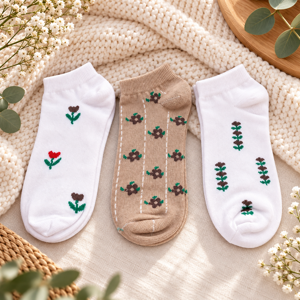 Set of 7AGAT cotton ankle socks featuring assorted patterned and soft knitted designs in a three-pair pack.