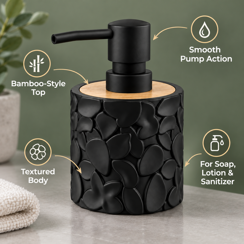 Round refillable soap dispenser with textured design, wood-look top, and manual pump, ideal for cleaning and bathroom use by 7AGAT.