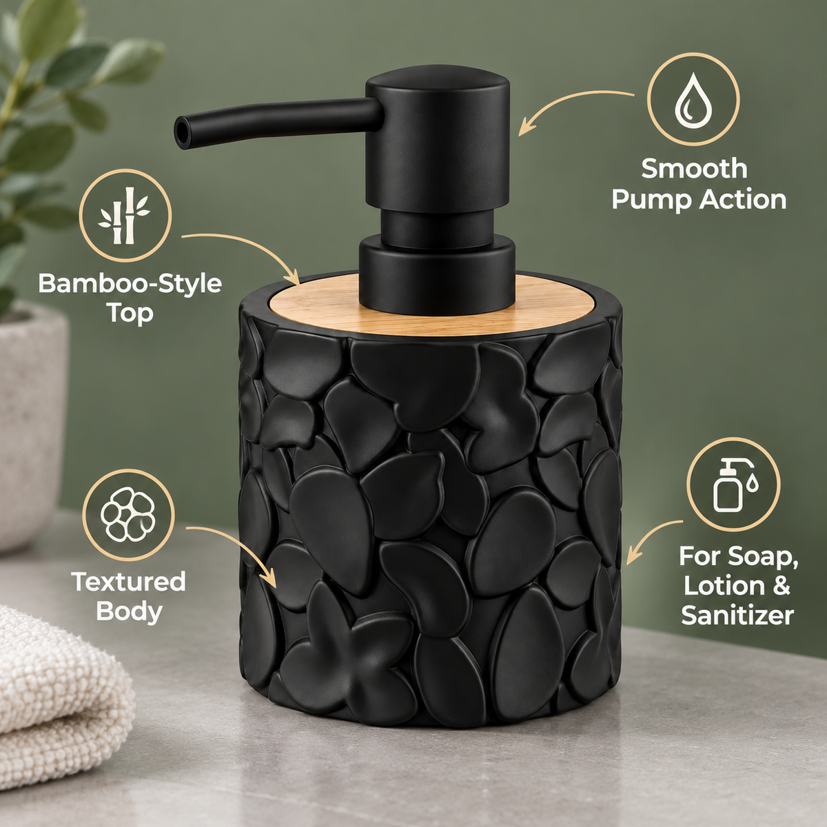 Round refillable soap dispenser with textured design, wood-look top, and manual pump, ideal for cleaning and bathroom use by 7AGAT.