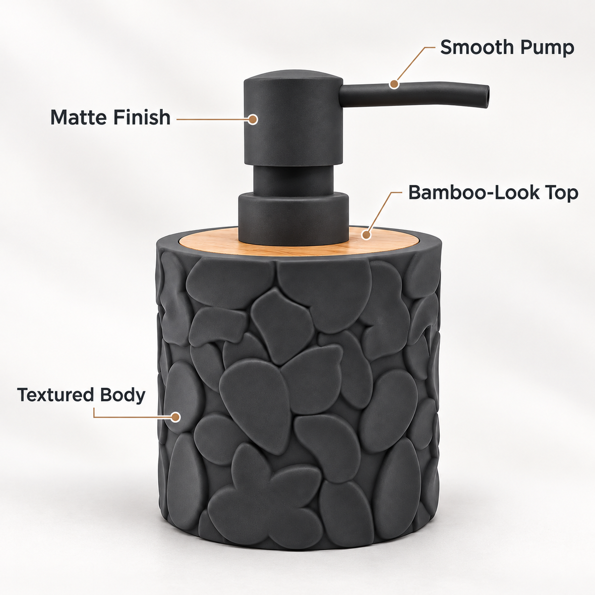 Round refillable soap dispenser with textured design, wood-look top, and manual pump, from 7AGAT for bathroom and cleaning use.