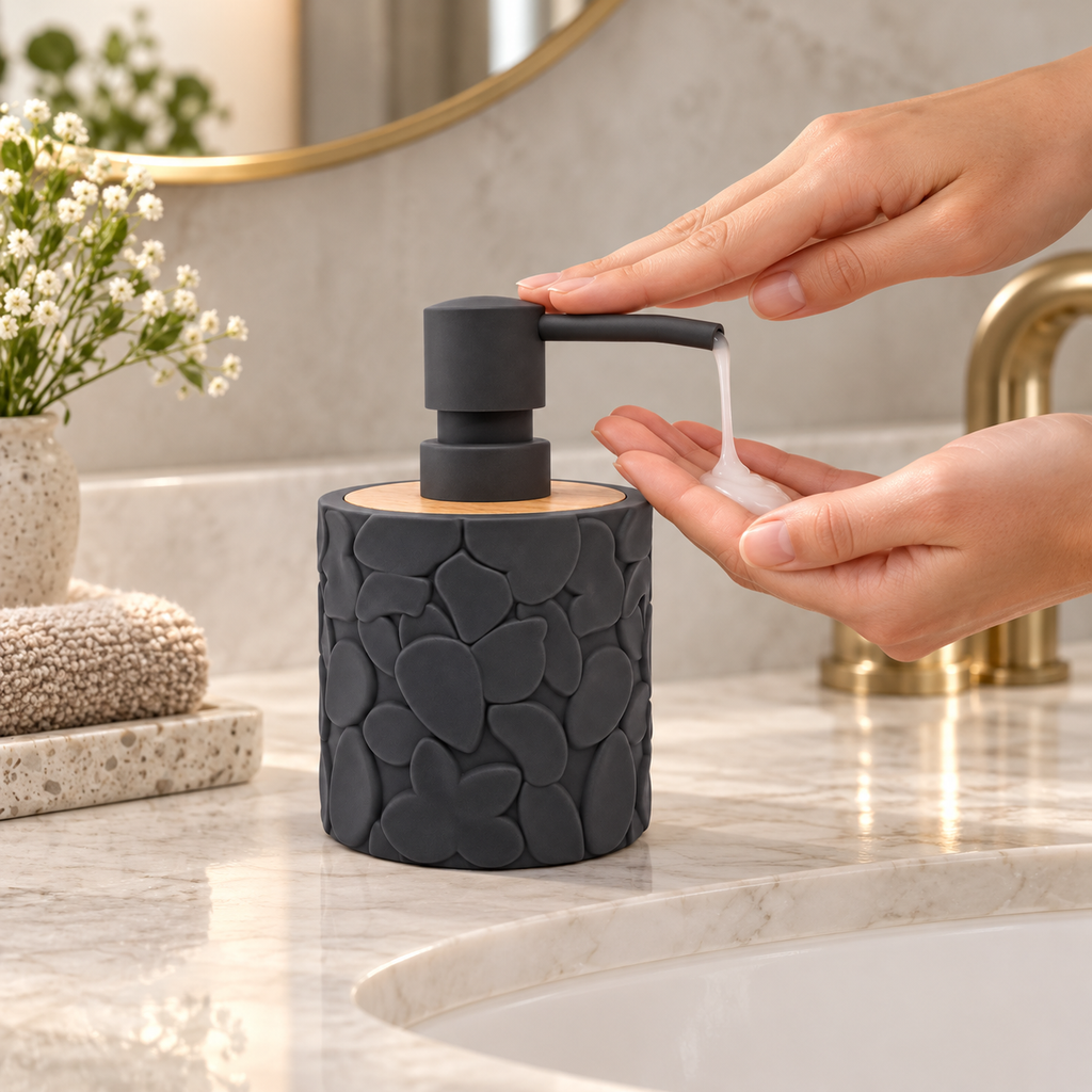 Round refillable soap dispenser with textured design, wood-look top, and manual pump, from 7AGAT in cleaning and bathroom tools.