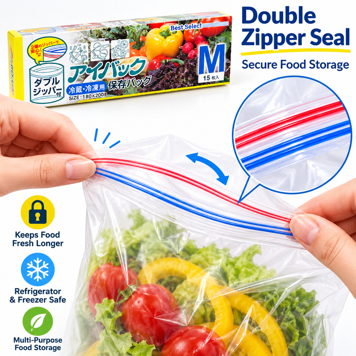 7AGAT food storage bags with double zipper seal, resealable snack, fruit, vegetable, and meal prep bags shown in the image.