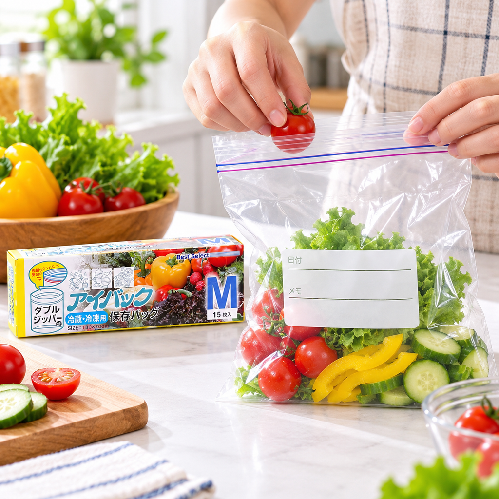 7AGAT food storage bags with double zipper seal, resealable for snacks, fruits, vegetables, and meal prep, showing the bags filled with produce.