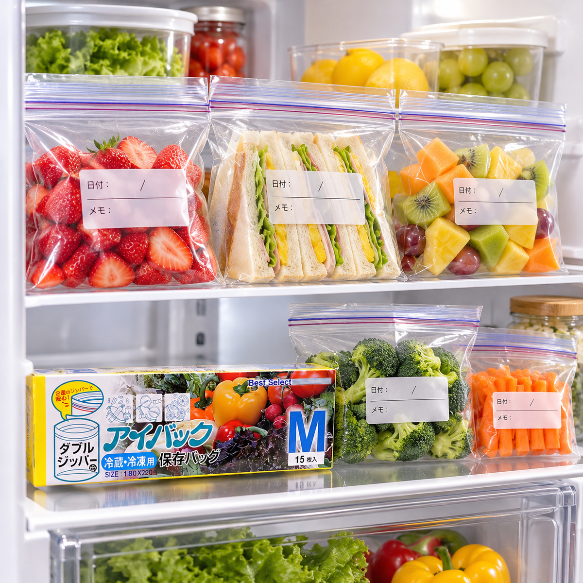 7AGAT food storage bags with double zipper seal, resealable snack and produce bags for fruits, vegetables, and meal prep.