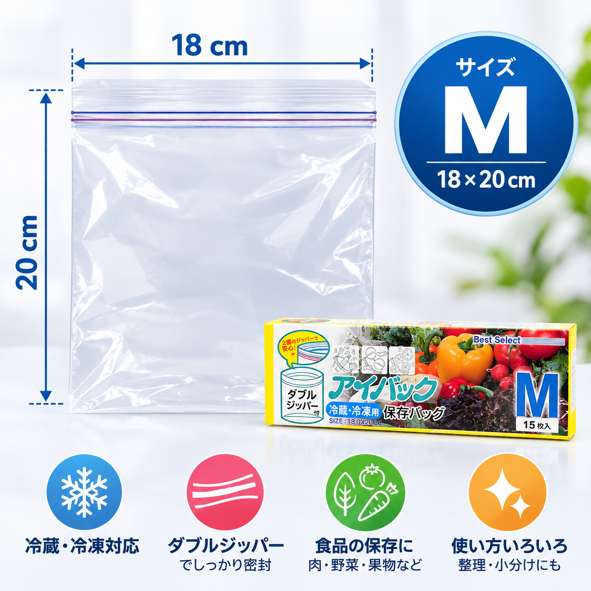 7AGAT food storage bags with double zipper seal for snacks, fruits, vegetables, and meal prep, showing resealable design and transparent material.