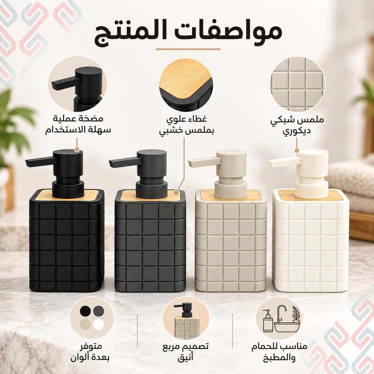 Square 7AGAT refillable soap dispenser with textured design, wood-look top, and manual pump for bathroom or cleaning use.