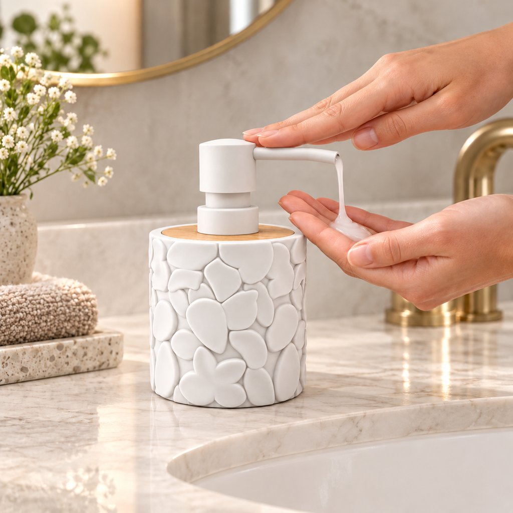 Round refillable soap dispenser with textured design, wood-look top, and manual pump, ideal for bathroom or cleaning use.