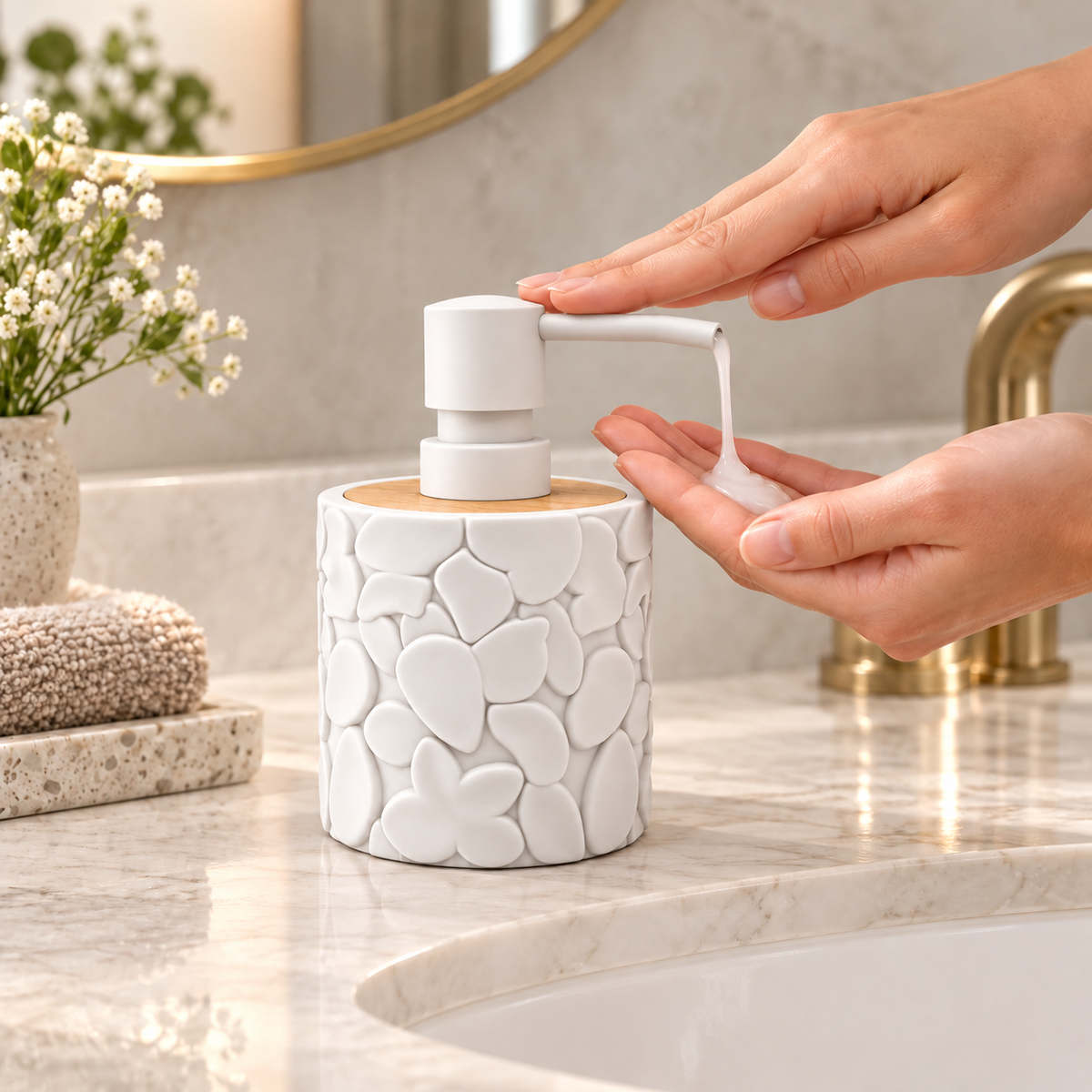 Round refillable soap dispenser with textured design, wood-look top, and manual pump, ideal for bathroom or cleaning use.