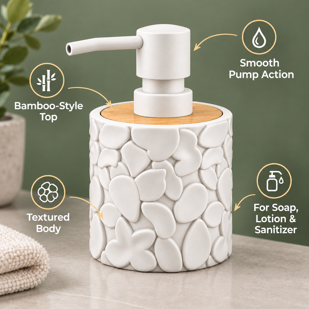 Round refillable soap dispenser with textured design, wood-look top, and manual pump, from 7AGAT cleaning and bathroom tools.