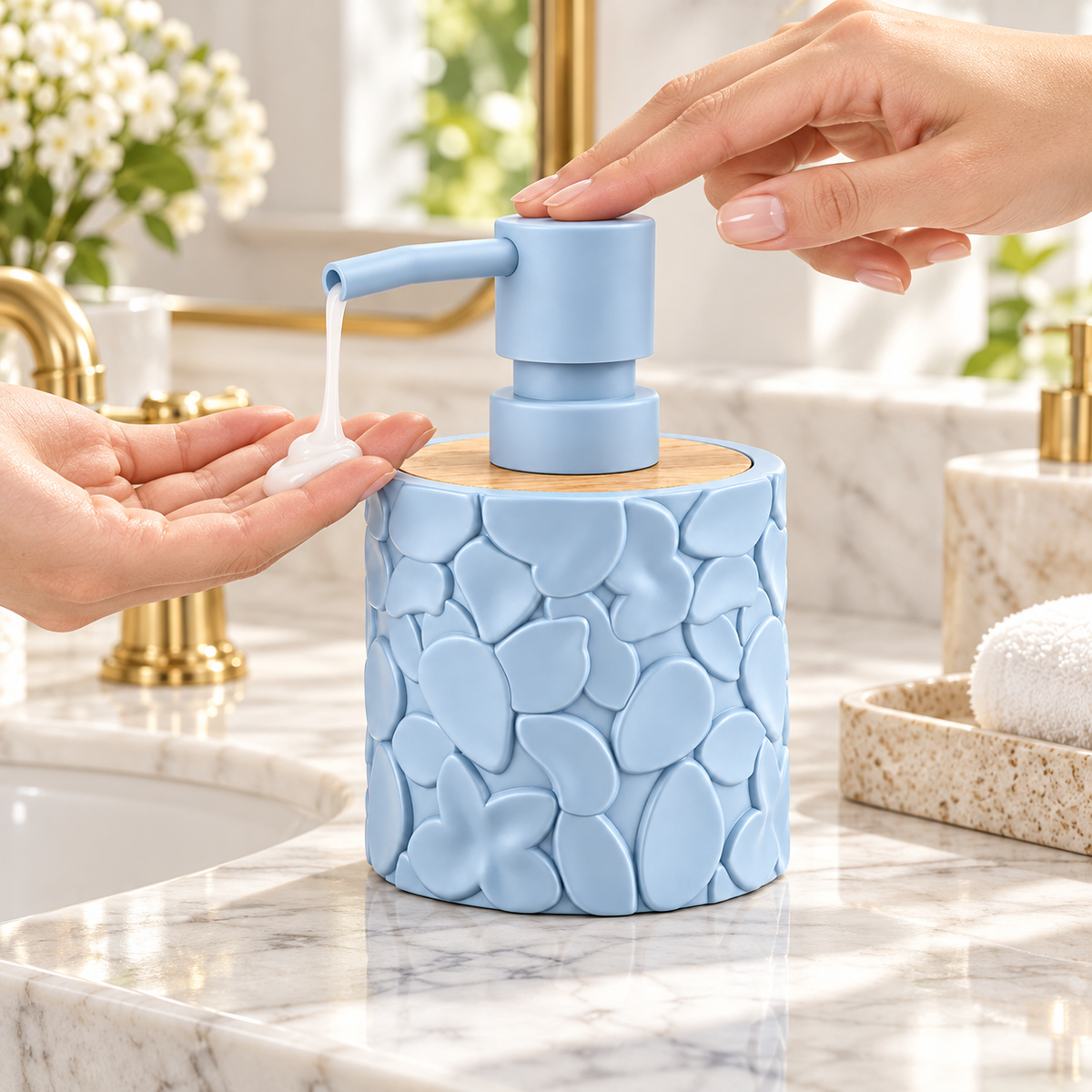 Round refillable soap dispenser with textured design, wood-look top, and manual pump for bathroom or cleaning use.