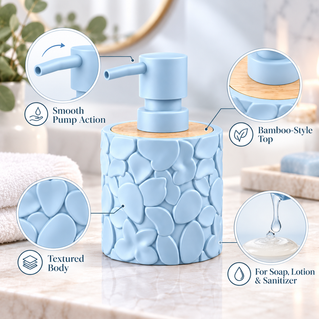 Round refillable soap dispenser with textured design, wood-look top, and manual pump, ideal for bathroom or cleaning use.