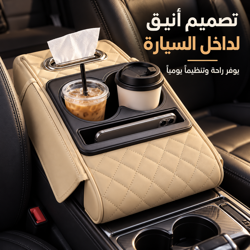 7AGAT car armrest organizer with cup holder and tissue box, fits in vehicle console for convenient storage and organization