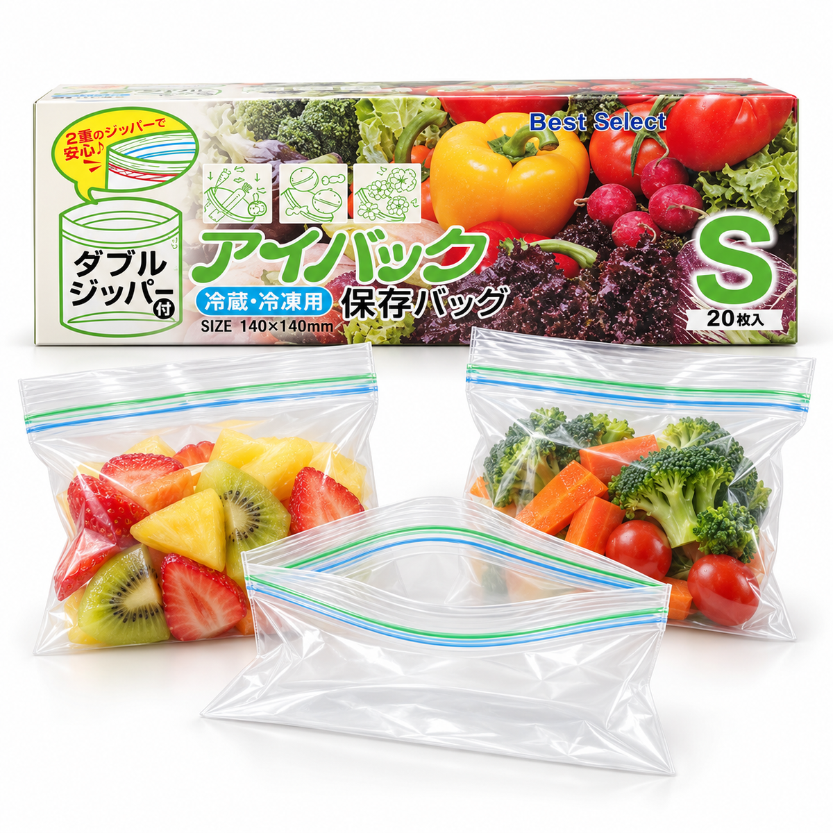 7AGAT food storage bags with double zipper seal, resealable snack, fruit, vegetable, and meal prep storage tool in clear plastic.