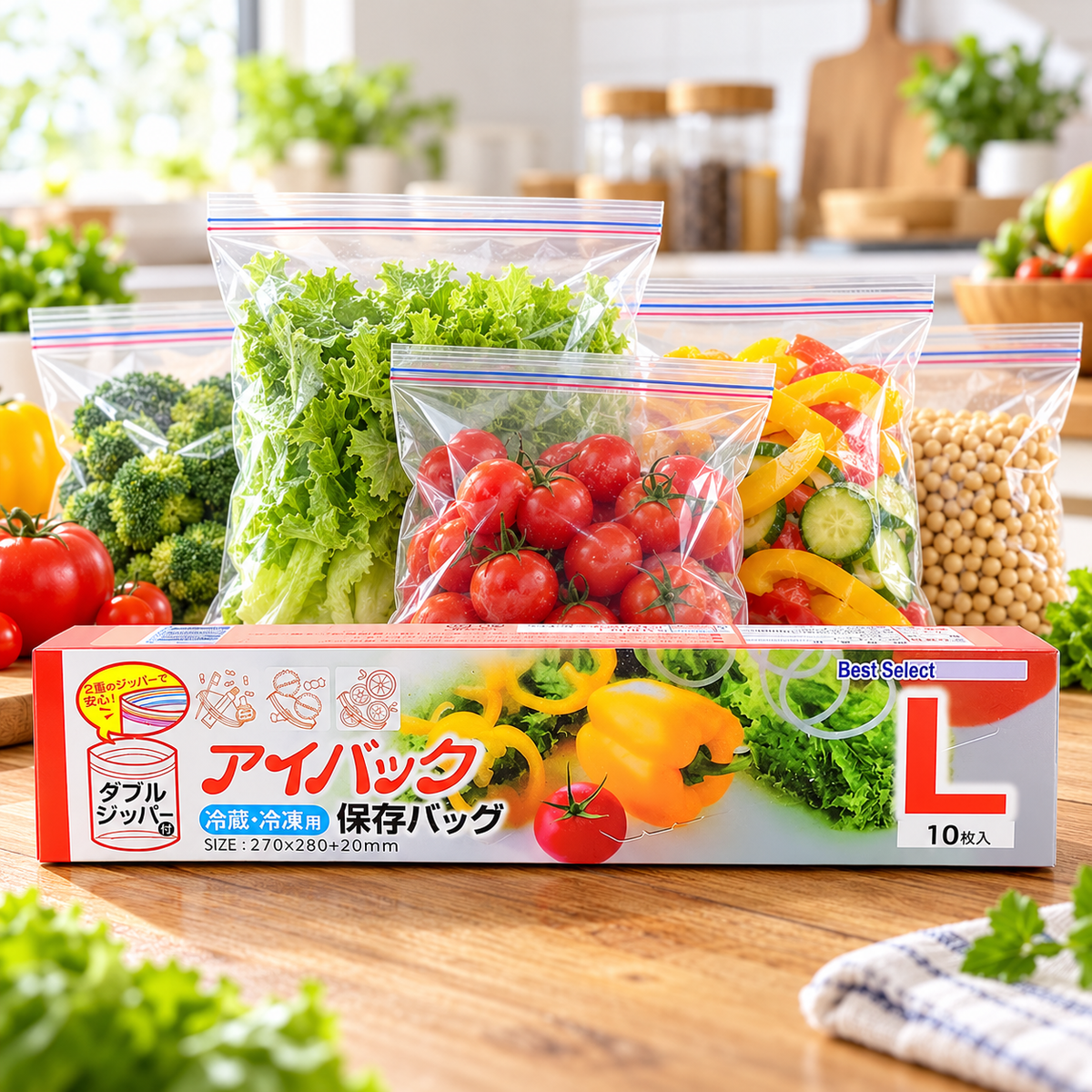 7AGAT food storage bags with double zipper seal, resealable for snacks, fruits, vegetables, and meal prep, shown with contents inside.