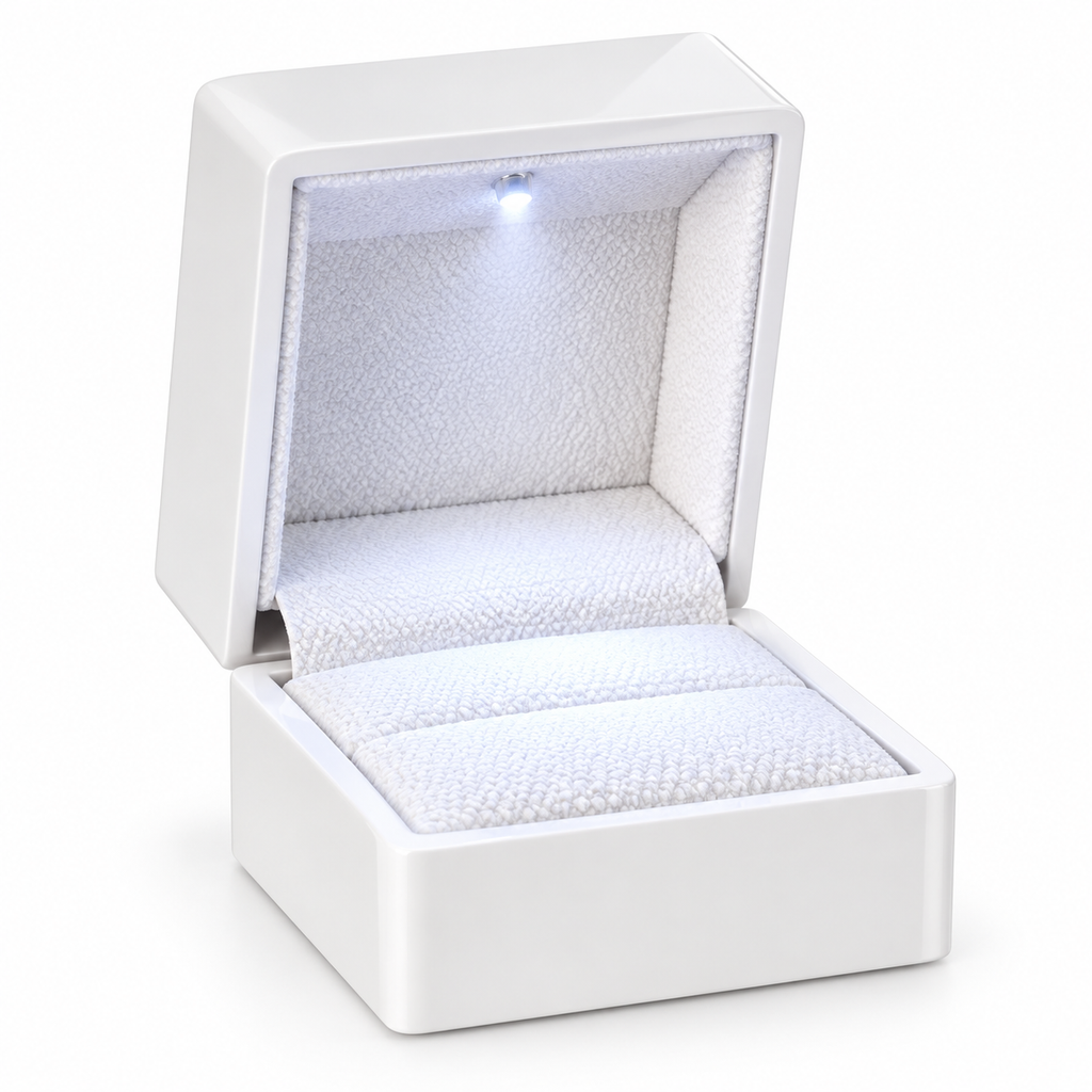 Luxury arc-shaped LED ring box by 7AGAT with light, ideal for proposals, weddings, and engagement jewelry gift presentation.