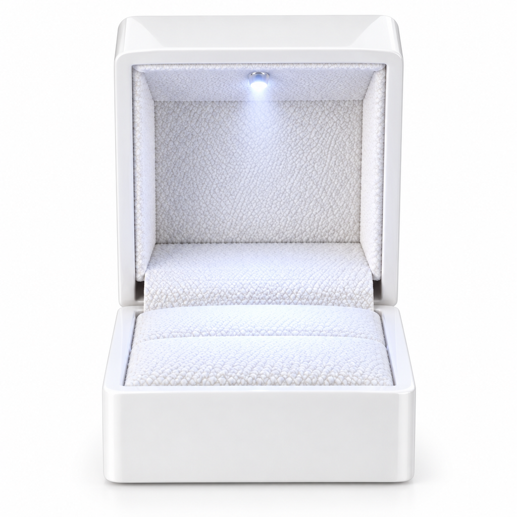 Luxury arc-shaped LED ring box by 7AGAT with light for proposal or wedding, perfect for engagement jewelry gift for men and women.
