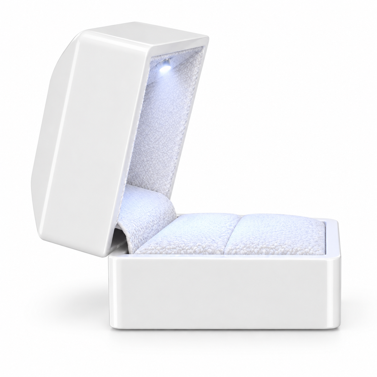 Luxury arc-shaped LED ring box by 7AGAT, elegant jewelry box with built-in light for engagement or wedding proposals.