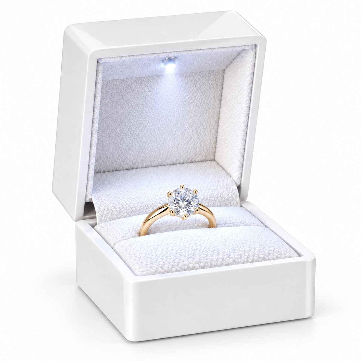 Luxury LED ring box with arc-shaped top by 7AGAT, designed for engagement or wedding jewelry, featuring built-in lighting.