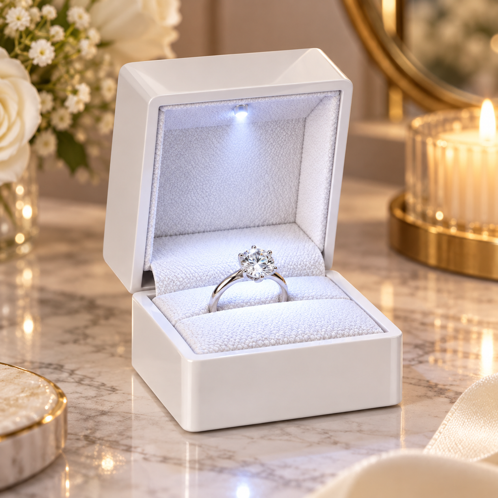 Luxury arc-shaped LED ring box from 7AGAT, jewelry gift box with light for engagement and wedding proposals.
