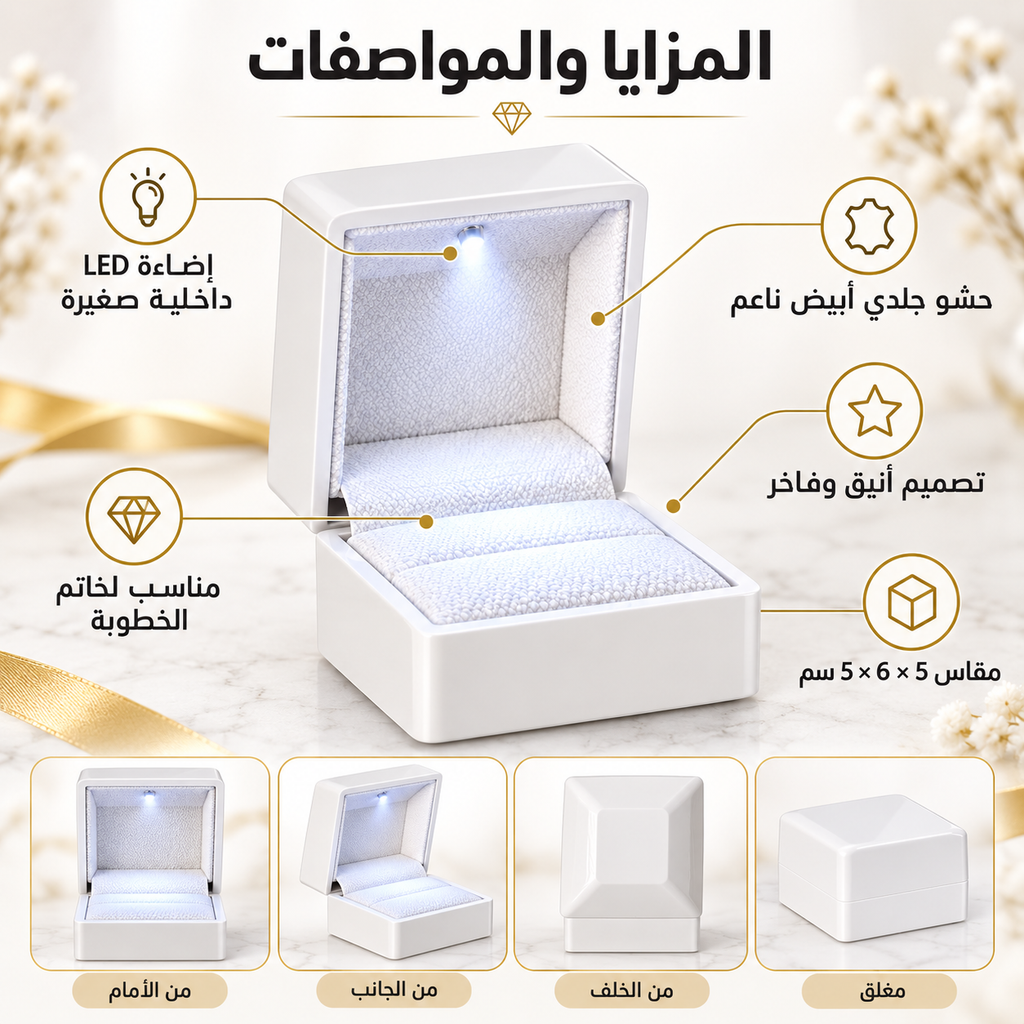 Luxury LED arc-shaped ring box by 7AGAT, perfect for proposals, weddings, with built-in light for men and women.